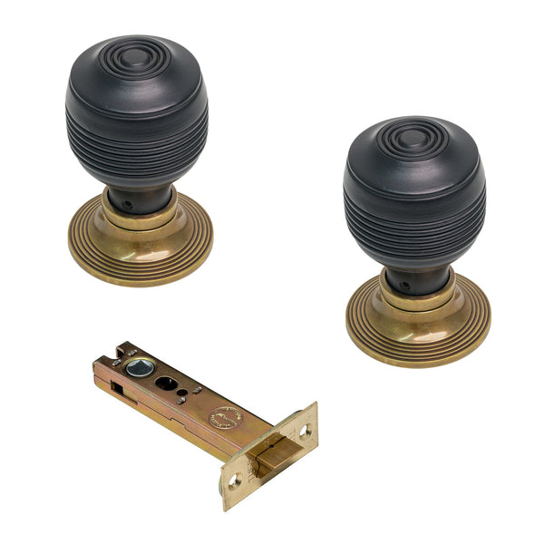  Ebonised & Antique Georgian Door Knobs 4 Inch Latch Set