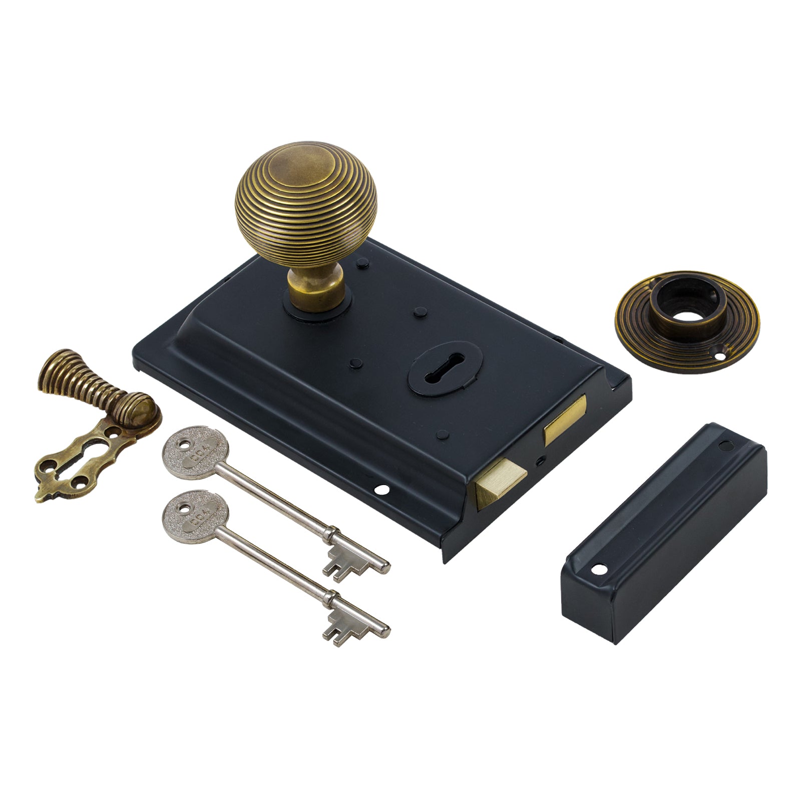 SHOW Beehive Door Knob Set - Antique Brass On Black Rim Lock