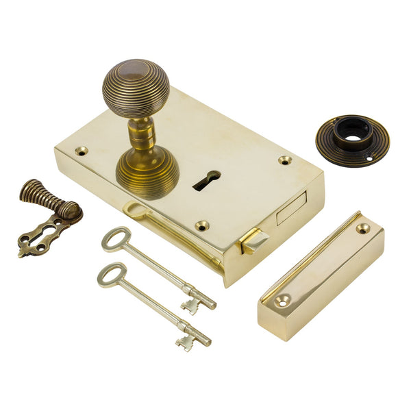  Left Handed Large Brass Rim Lock with Brass Beehive Door Knob Set - Antique Brass