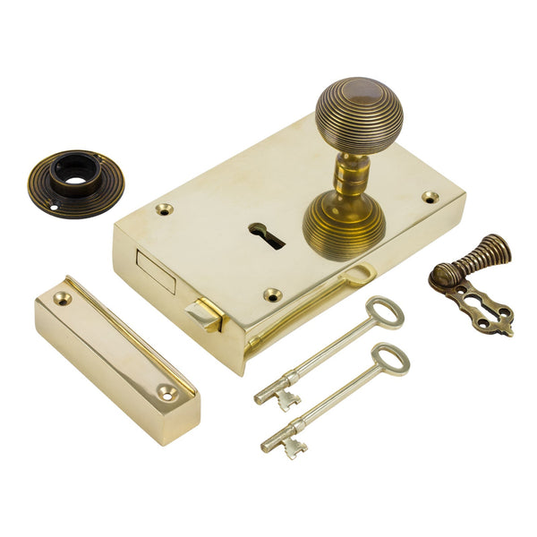  Right Handed Large Brass Rim Lock with Brass Beehive Door Knob Set - Antique Brass