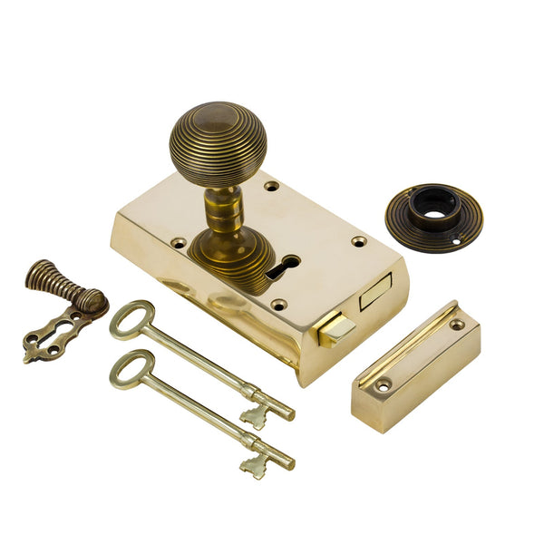  Left Handed Small Brass Rim Lock with Brass Beehive Door Knob Set - Antique Brass