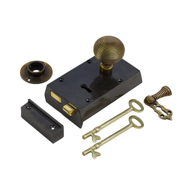  Right Handed Small Cast Iron Rim Lock With Antique Brass Beehive Door Knob Set