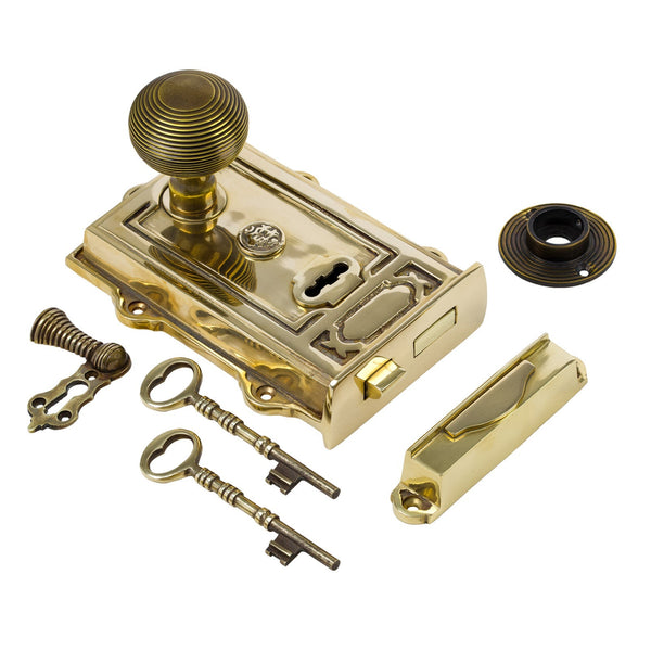  Image of Ornate Brass Rim Lock with Brass Beehive Door Knob Set - Antique Brass
