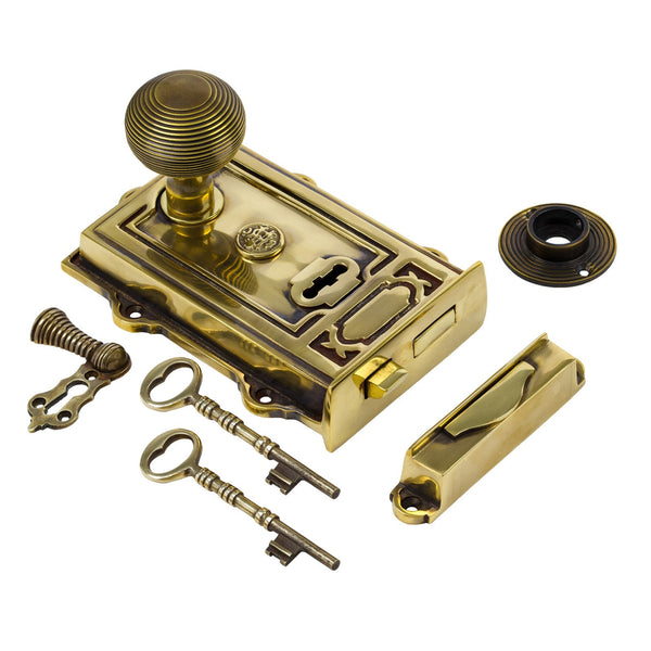  Image of Ornate Antique Brass Rim Lock with Beehive Door Knob Set - Antique Brass