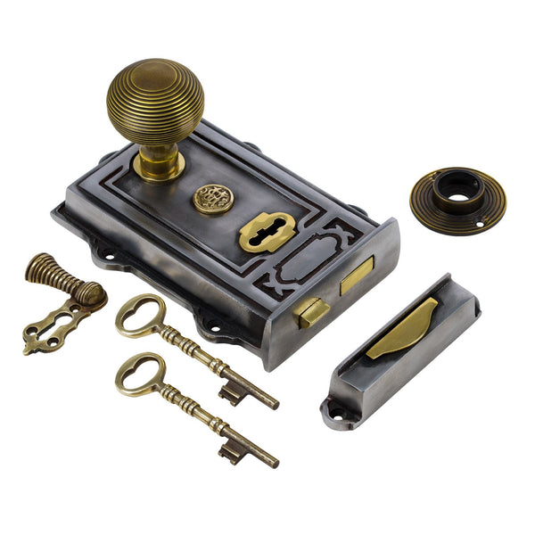  Image of Ornate Iron Rim Lock with Brass Beehive Door Knob Set - Antique Brass