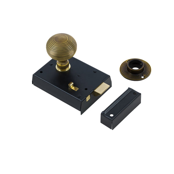 Beehive Door Knob Set - Antique Brass On Black Bathroom Rim Lock
