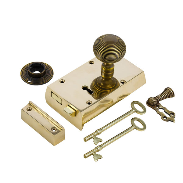 Right Handed Small Brass Rim Lock with Brass Beehive Door Knob Set - Antique Brass