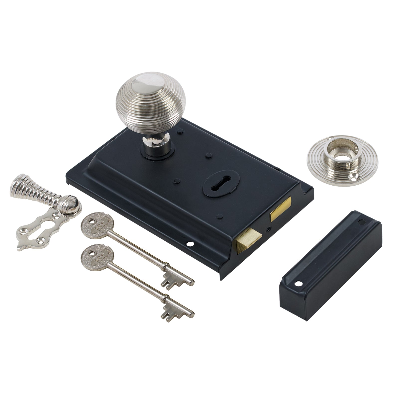 SHOW Beehive Door Knob Set - Polished Nickel On Black Rim Lock