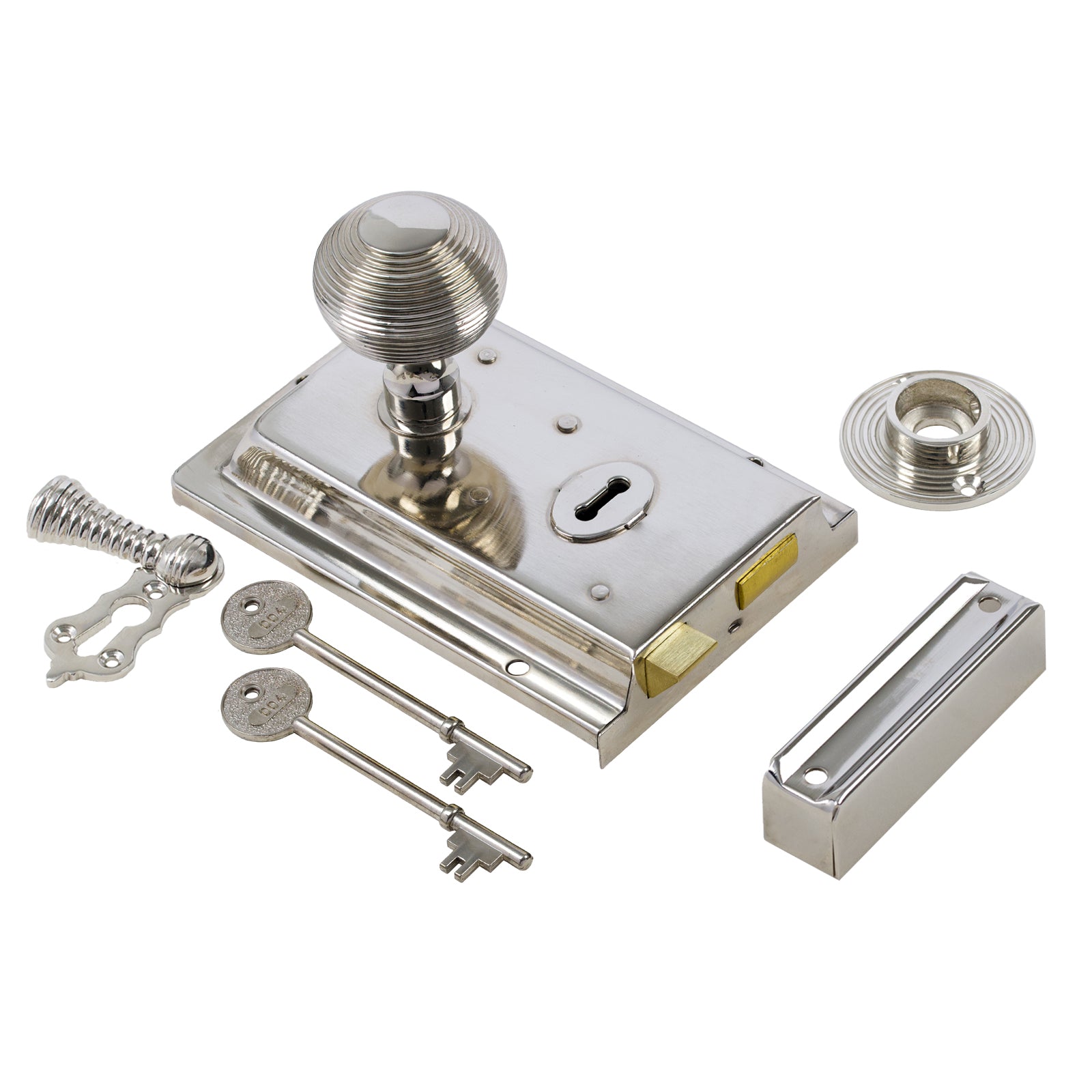 SHOW Beehive Door Knob Set - Polished Nickel On Polished Nickel Rim Lock