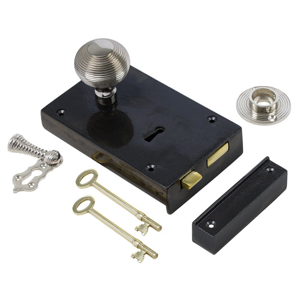  Left Handed Large Cast Iron Rim Lock With Polished Nickel Beehive Door Knob Set