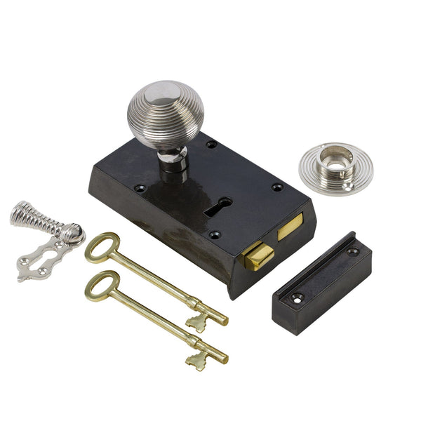  Left Handed Small Cast Iron Rim Lock With Polished Nickel Beehive Door Knob Set