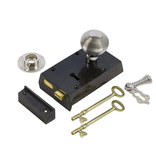  Right Handed Small Cast Iron Rim Lock With Polished Nickel Beehive Door Knob Set