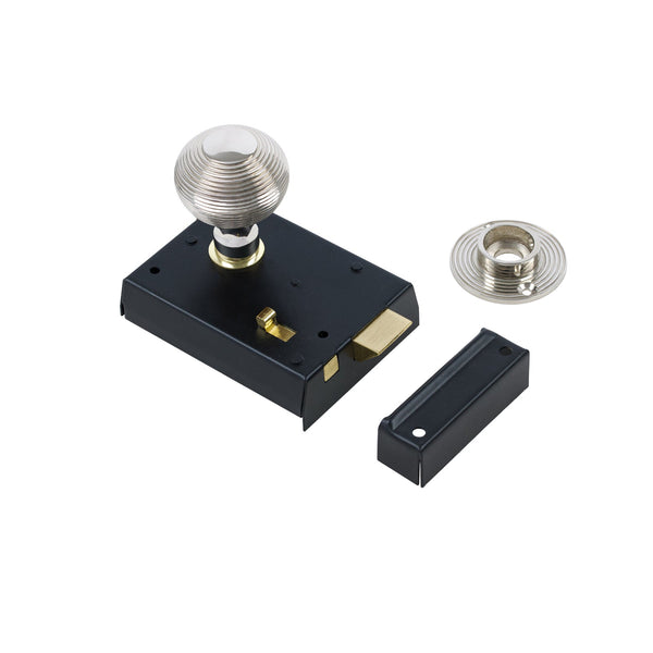  Beehive Door Knob Set - Polished Nickel On Black Bathroom Rim Lock