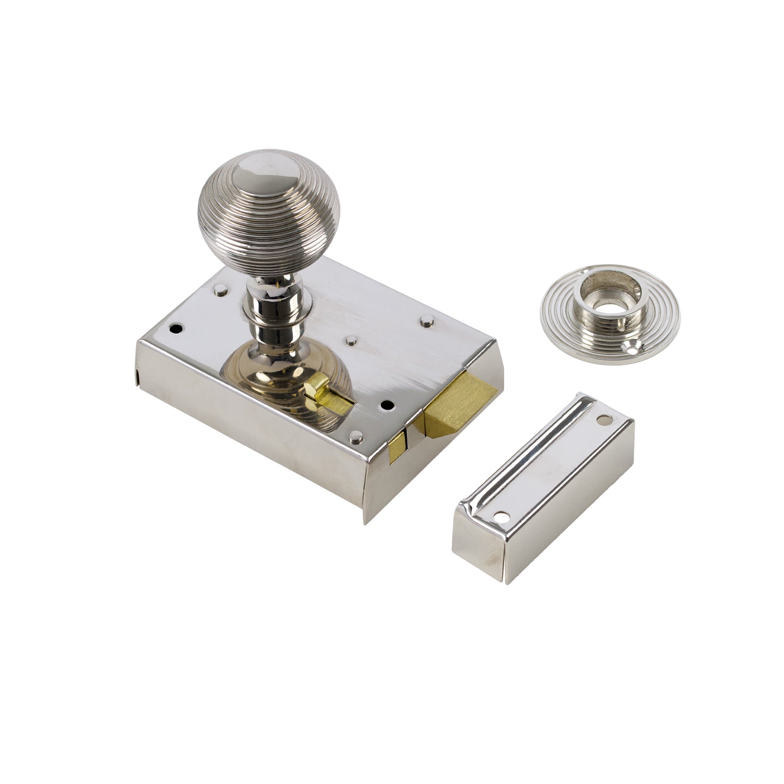 SHOW Beehive Door Knob Set - Polished Nickel On Polished Nickel Bathroom Rim Lock
