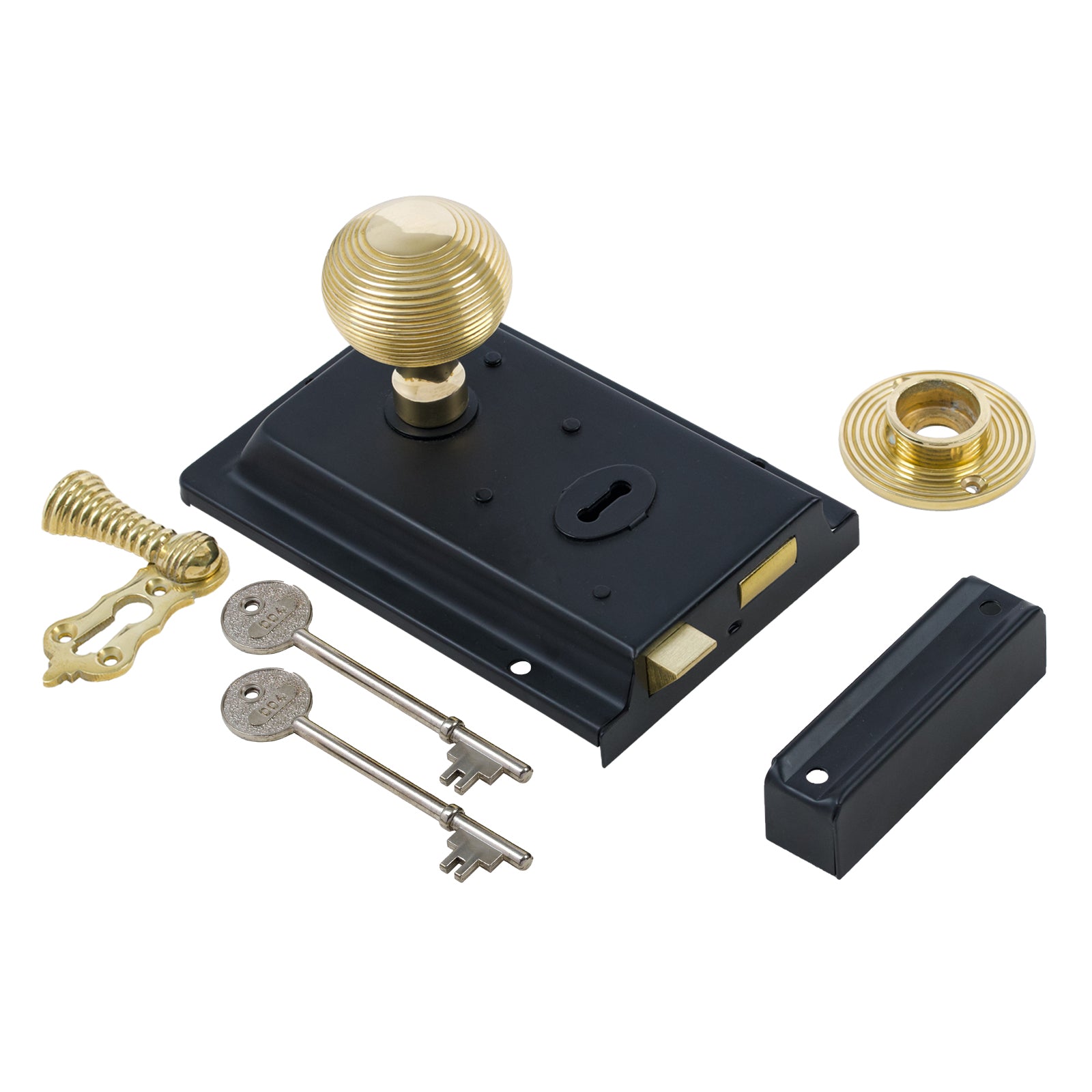 SHOW Beehive Door Knob Set - Polished Brass On Black Rim Lock
