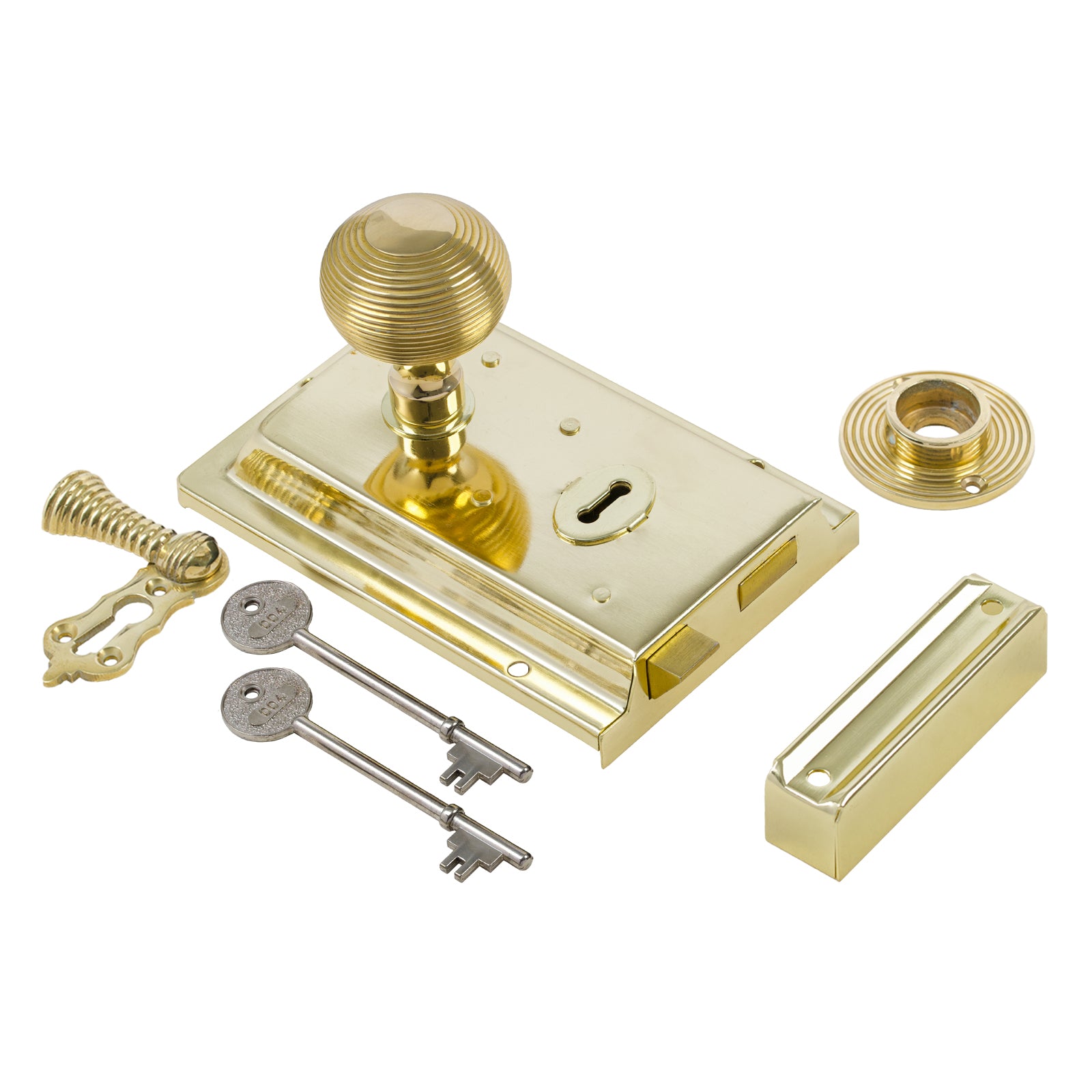 SHOW Beehive Door Knob Set - Polished Brass On Polished Brass Rim Lock