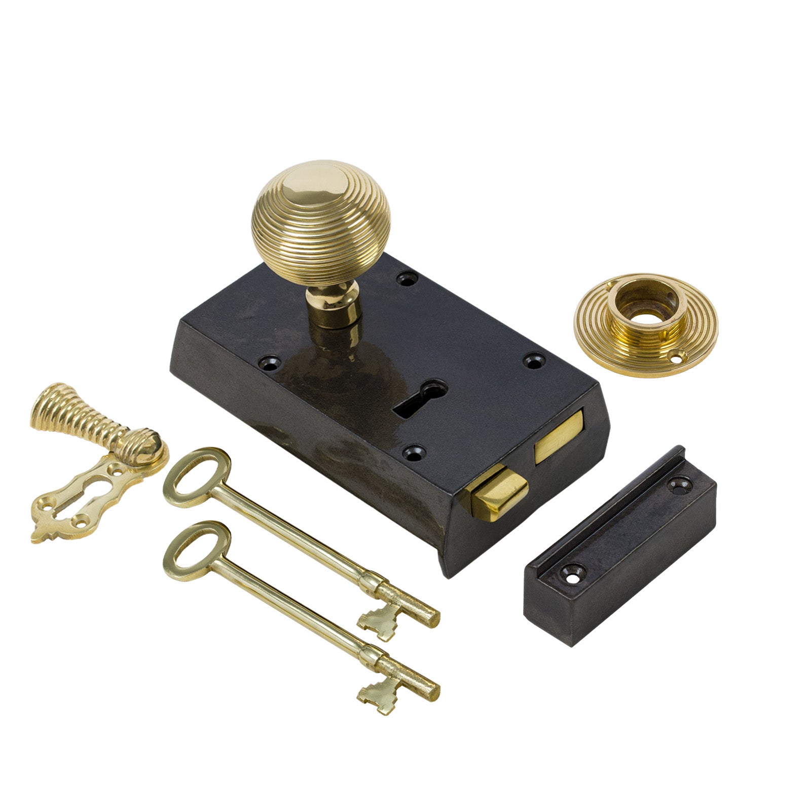 SHOW Left Handed Small Cast Iron Rim Lock With Brass Beehive Door Knob Set