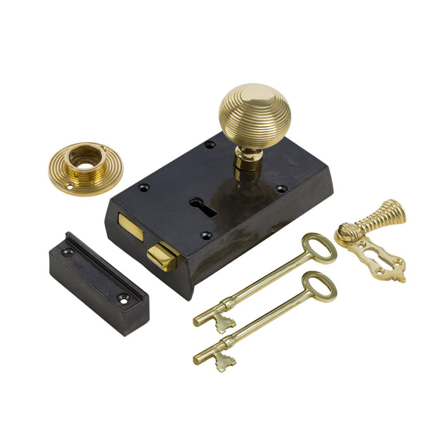 SHOW Right Handed Small Cast Iron Rim Lock With Brass Beehive Door Knob Set