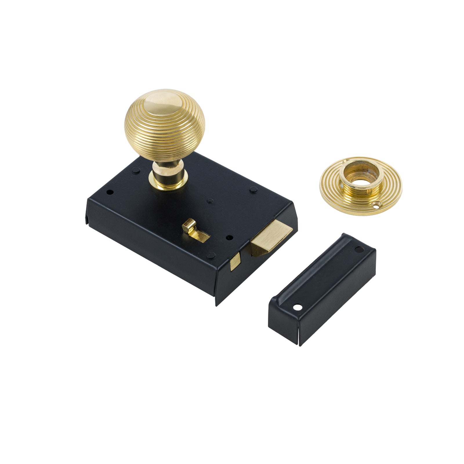 SHOW Beehive Door Knob Set - Polished Brass On Black Bathroom Rim Lock