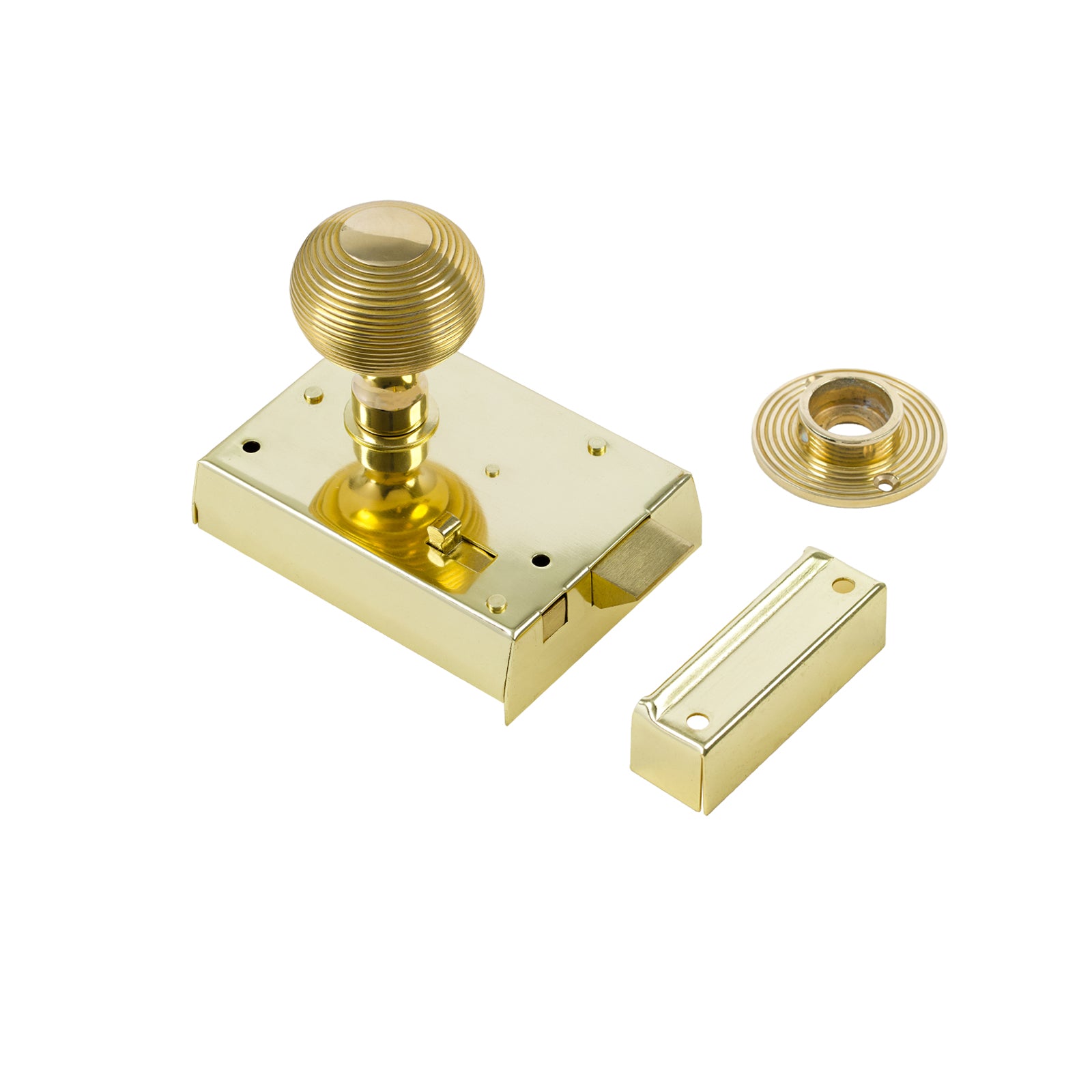 SHOW Beehive Door Knob Set - Polished Brass On Polished Brass Bathroom Rim Lock