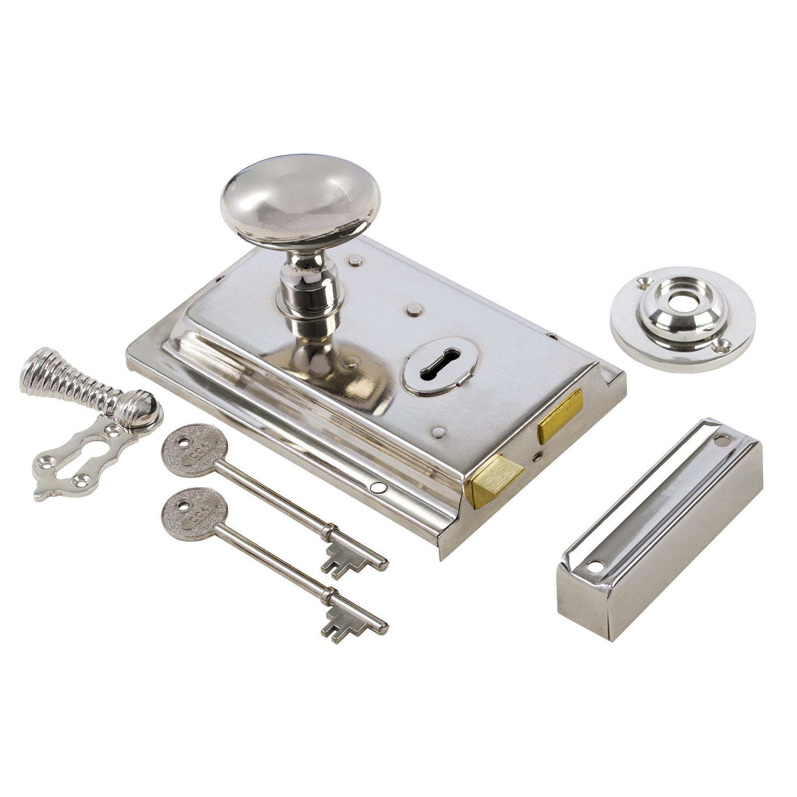 SHOW Oval Door Knob Set - Polished Nickel On Polished Nickel Rim Lock