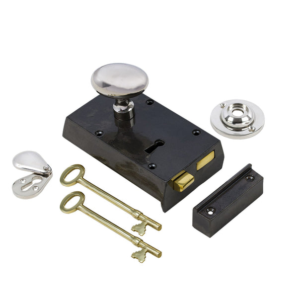  Left Handed Small Cast Iron Rim Lock With Polished Nickel Oval Door Knob Set