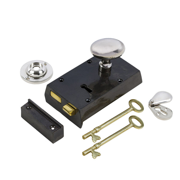  Right Handed Small Cast Iron Rim Lock With Polished Nickel Oval Door Knob Set