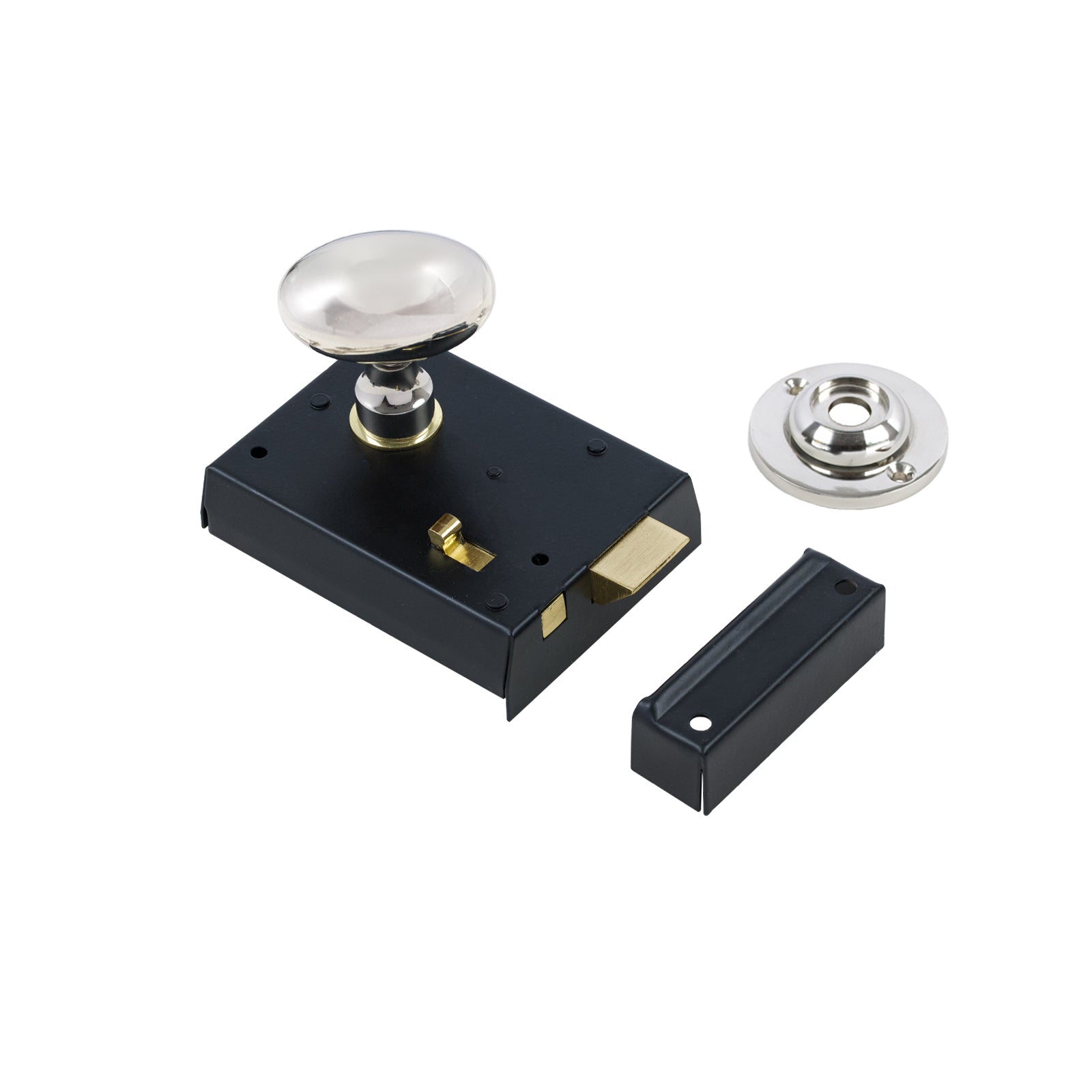 SHOW Oval Door Knob Set - Polished Nickel On Black Bathroom Rim Lock