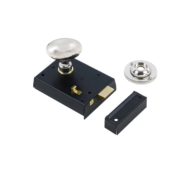  Oval Door Knob Set - Polished Nickel On Black Bathroom Rim Lock