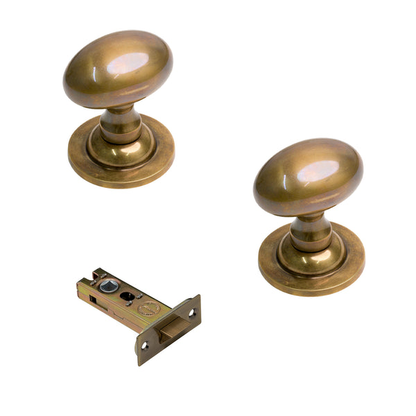  Antique Brass Oval Door Knobs 3 Inch Latch Set