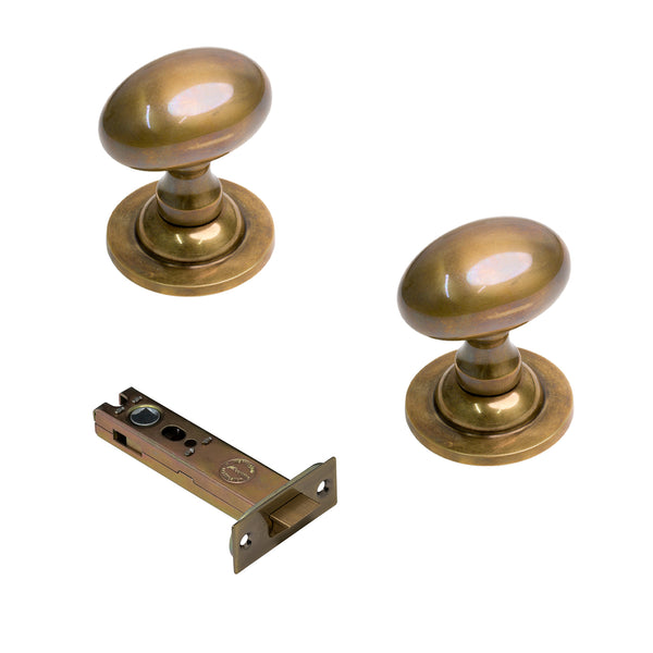  Antique Brass Oval Door Knobs 4 Inch Latch Set