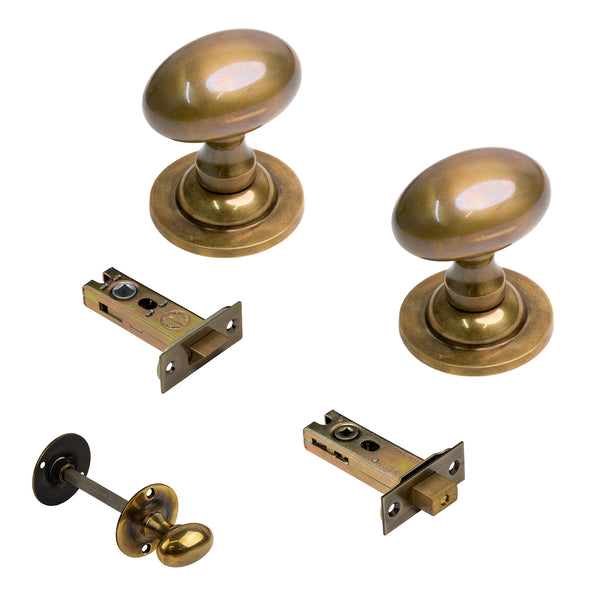  Antique Brass Oval Door Knobs 3 Inch Bathroom Set
