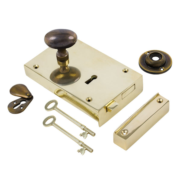  Left Handed Large Brass Rim Lock with Brass Oval Door Knob Set - Antique Brass