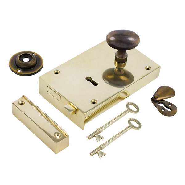  Right Handed Large Brass Rim Lock with Brass Oval Door Knob Set - Antique Brass