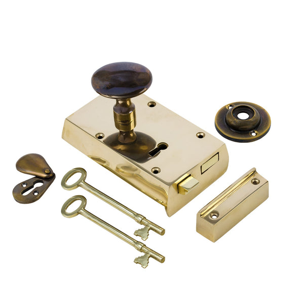 Left Handed Small Brass Rim Lock with Brass Oval Door Knob Set - Antique Brass