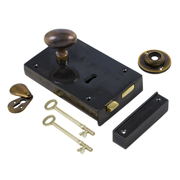  Left Handed Large Cast Iron Rim Lock With Antique Brass Oval Door Knob Set