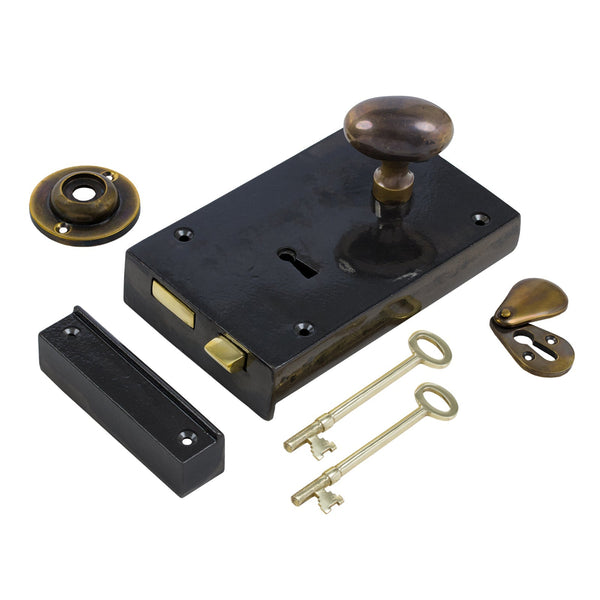  Right Handed Large Cast Iron Rim Lock With Antique Brass Oval Door Knob Set