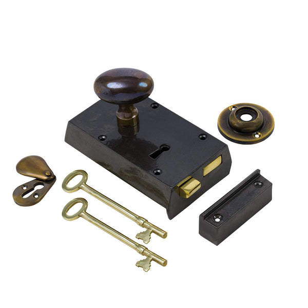  Left Handed Small Cast Iron Rim Lock With Antique Brass Oval Door Knob Set