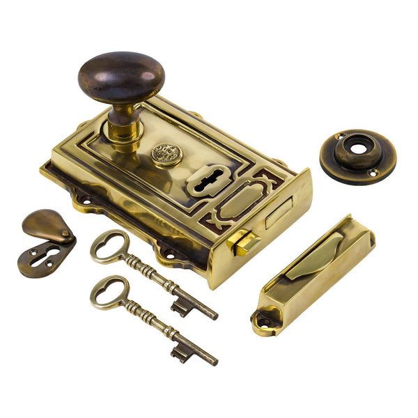  Image of Ornate Antique Brass Rim Lock with Oval Door Knob Set - Antique Brass