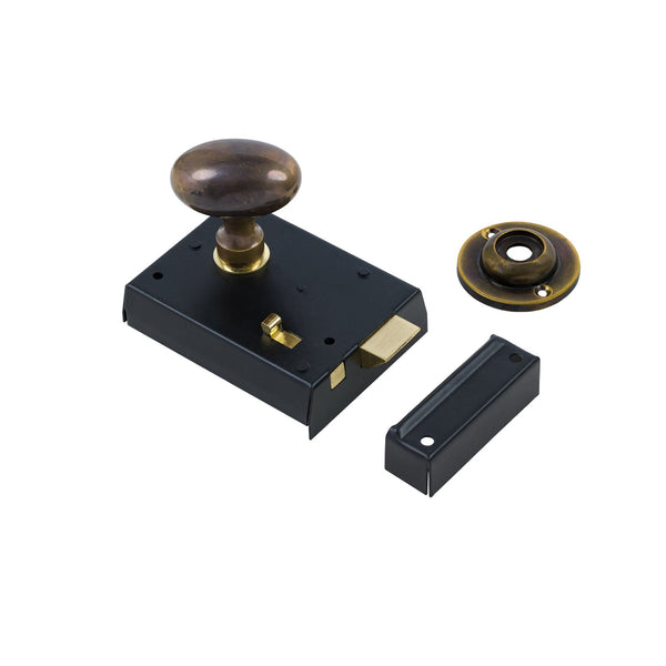  Oval Door Knob Set - Antique Brass On Black Bathroom Rim Lock