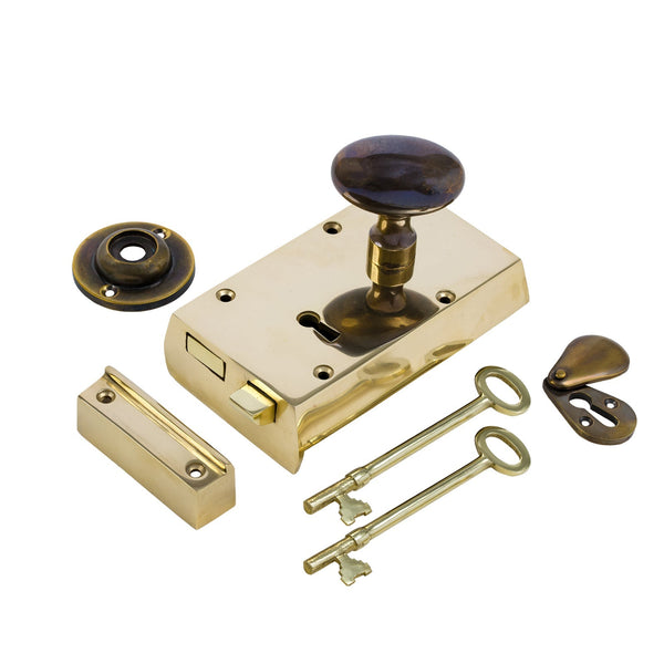  Right Handed Small Brass Rim Lock with Brass Oval Door Knob Set - Antique Brass