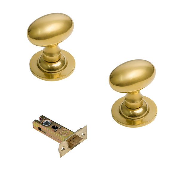  Polished Brass Oval Door Knobs 3 Inch Latch Set