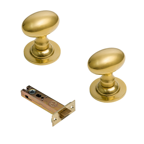  Polished Brass Oval Door Knobs 4 Inch Latch Set