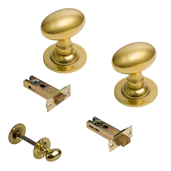  Polished Brass Oval Door Knobs 3 Inch Bathroom Set