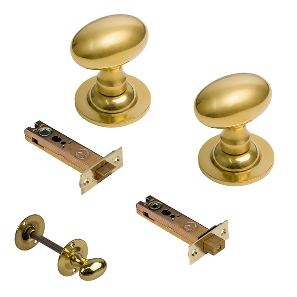  Polished Brass Oval Door Knobs 4 Inch Bathroom Set