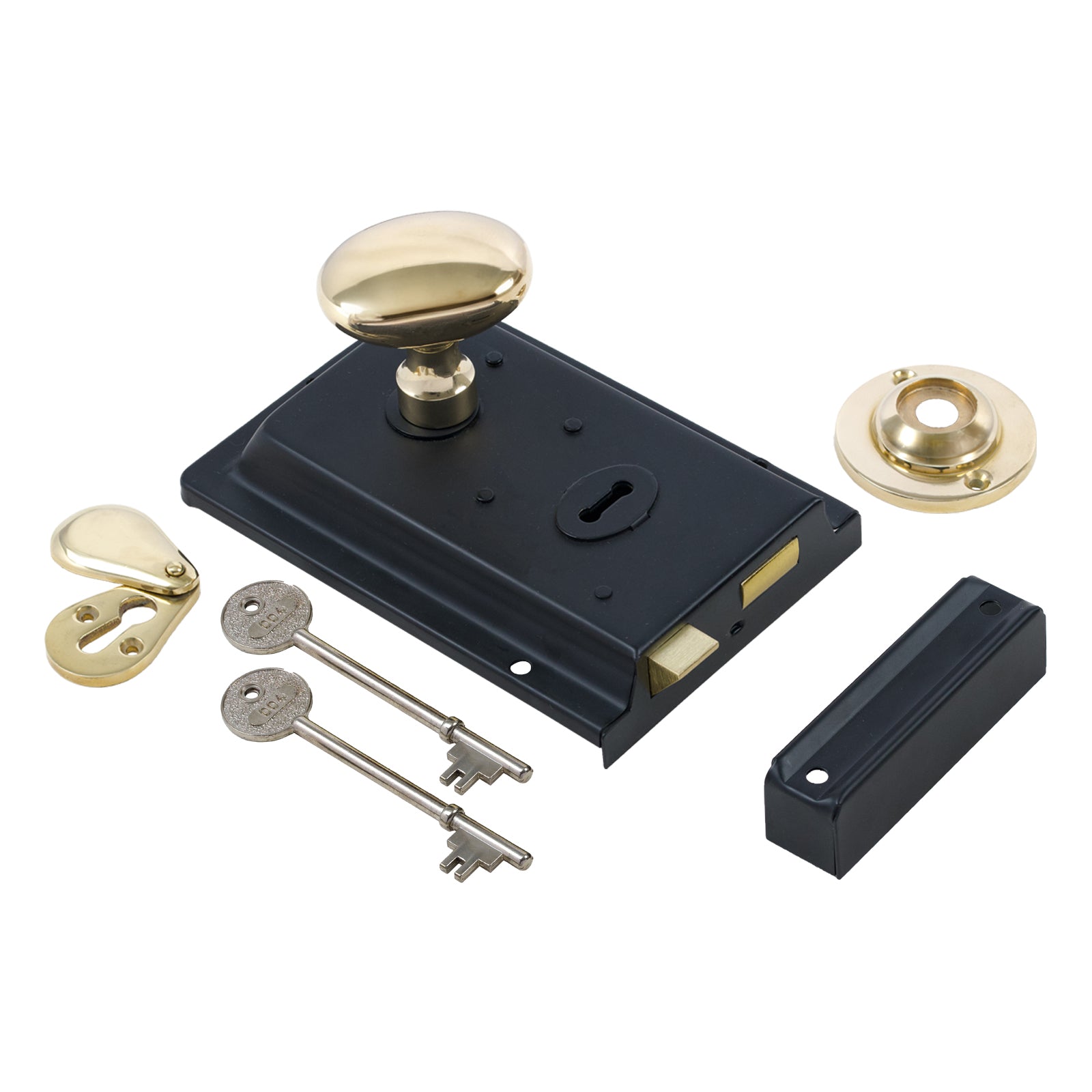 SHOW Oval Door Knob Set - Polished Brass On Black Rim Lock