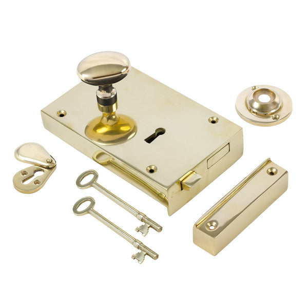  Left Handed Large Brass Rim Lock with Brass Oval Door Knob Set