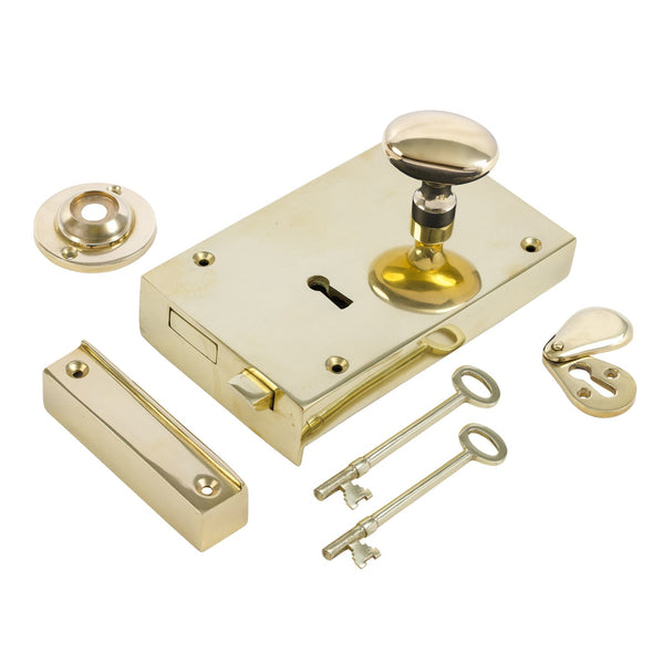  Right Handed Large Brass Rim Lock with Brass Oval Door Knob Set