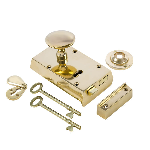  Left Handed Small Brass Rim Lock with Brass Oval Door Knob Set