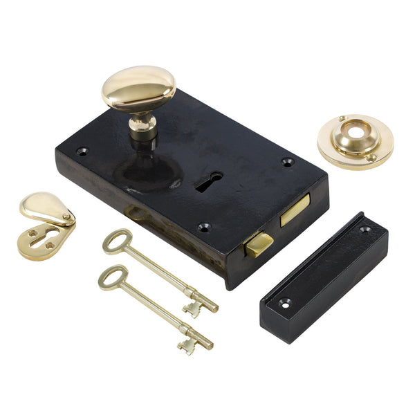  Left Handed Large Cast Iron Rim Lock With Brass Oval Door Knob Set